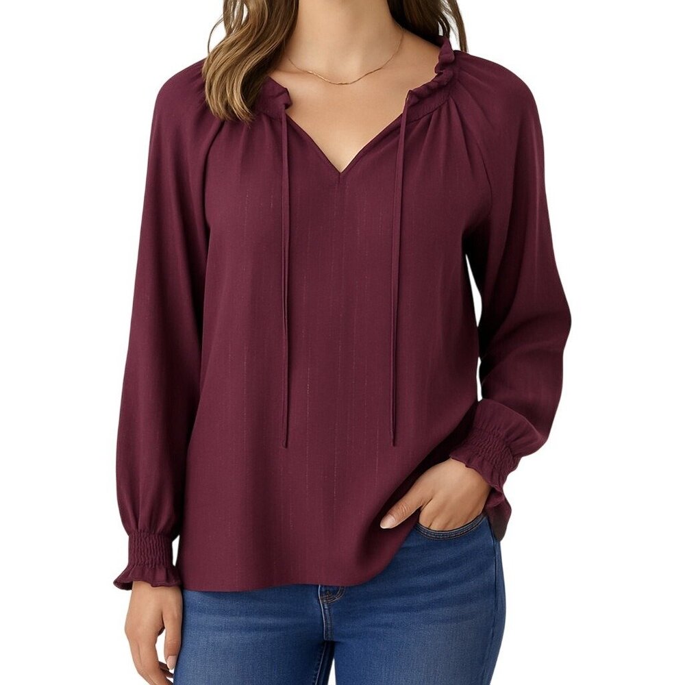 Womens L Burgundy Metallic Peasant Blouse Boho Tie Neck Sheer Festival Top